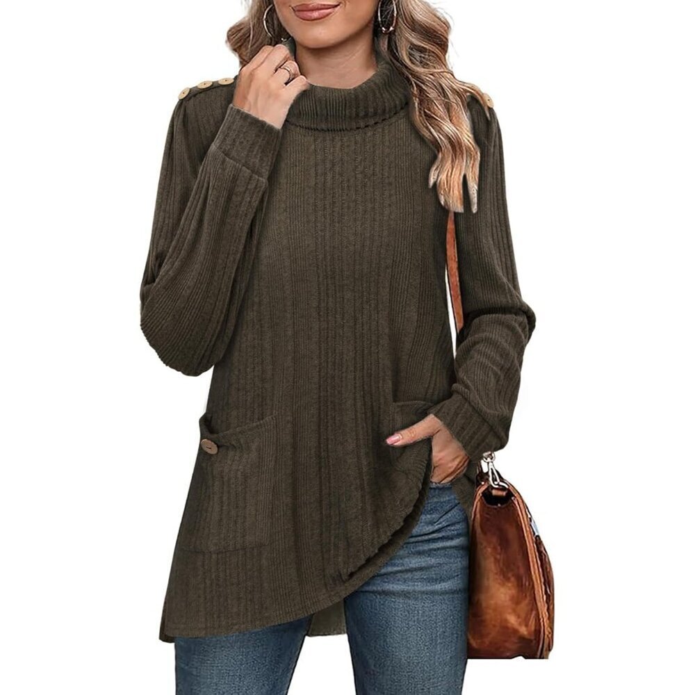 Womens Turtleneck Sweater Polyester Size Large Cowl Neck Pockets Fall Winter